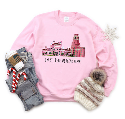 Pink sweatshirt with Don CeSar and Vinoy hotel design.