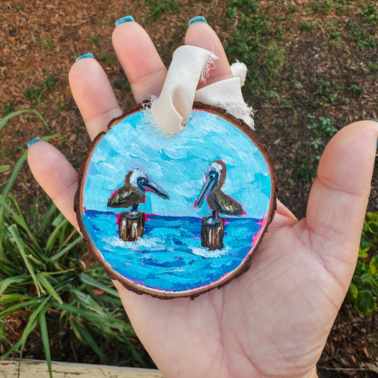 Pelican Wood Slice Ornament