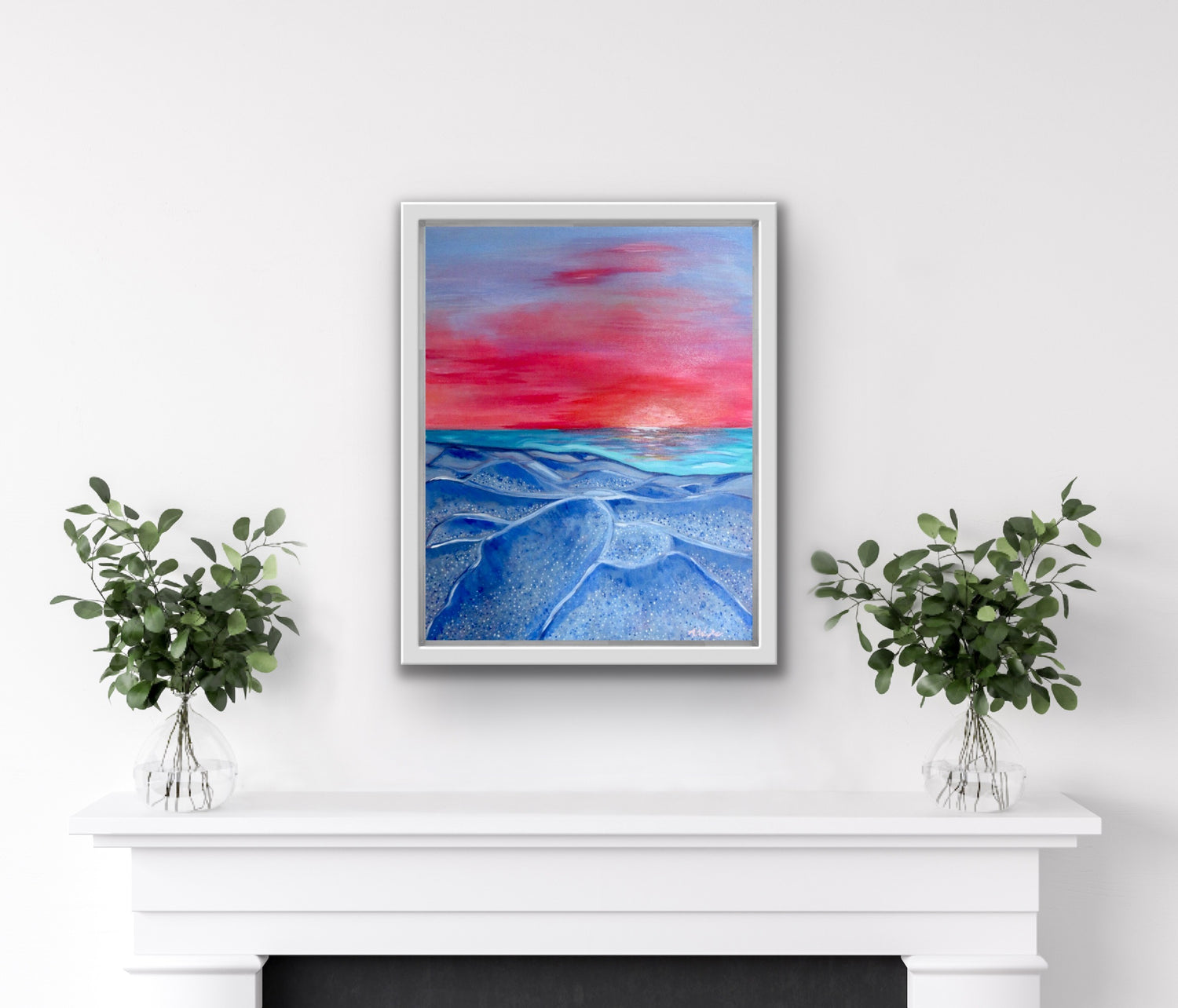 Original Travel Art "Madeira Beach" by Alexandra Wuyke Art hangs over a fireplace.
