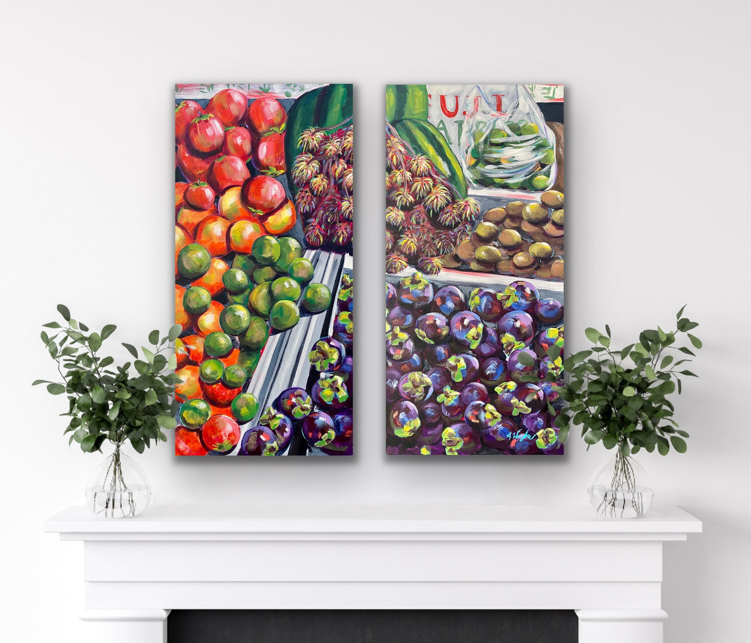  Travel Artist Alexandra Wuyke Art original painting "Siem Reap Fruit Stand" hangs over a fireplace in a living room.