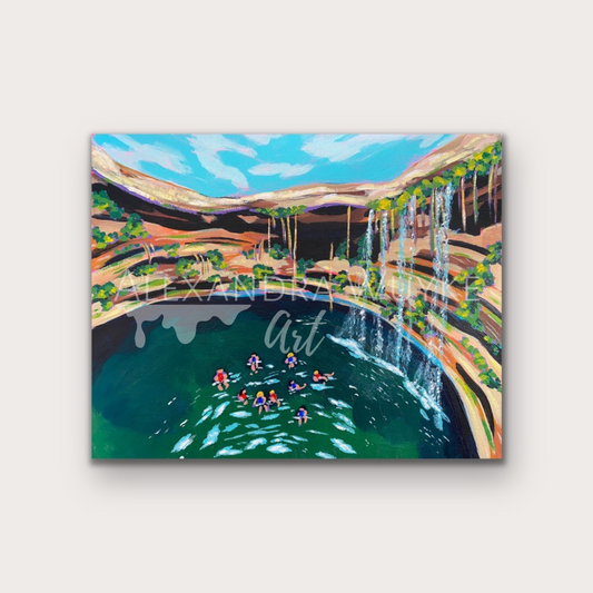 Latinx Travel Artist Alexandra Wuyke Art "Cenote" hangs on a white wall.